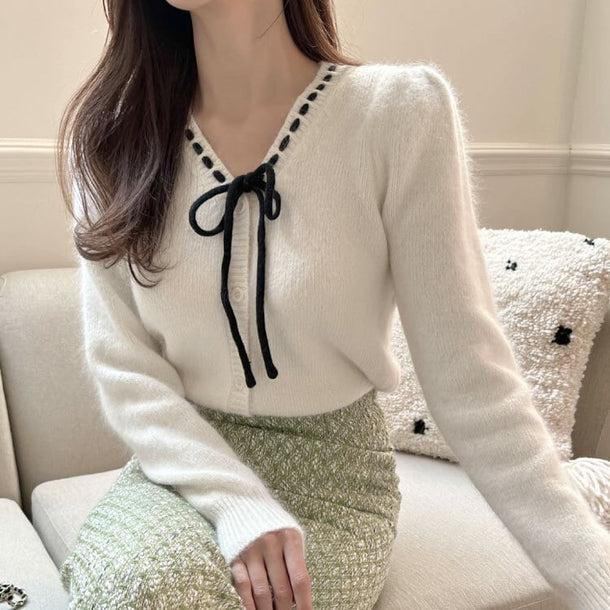 ステッチラインリボンデザインニット ﻿﻿ 5742-画像3-韓国ファッション通販POPREA［ポップリア］