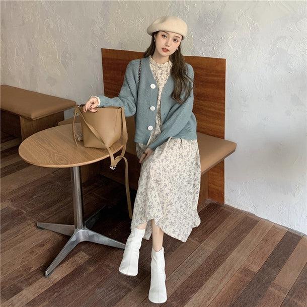 レトロフラワーワンピ＆ビッグボタンカーディガン 5063-画像3-韓国ファッション通販POPREA［ポップリア］