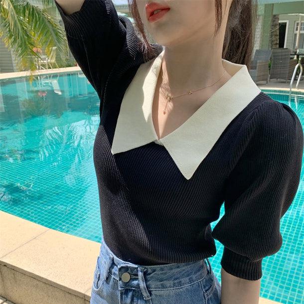 パフスリーブポロリブトップス﻿ 5138-画像3-韓国ファッション通販POPREA［ポップリア］