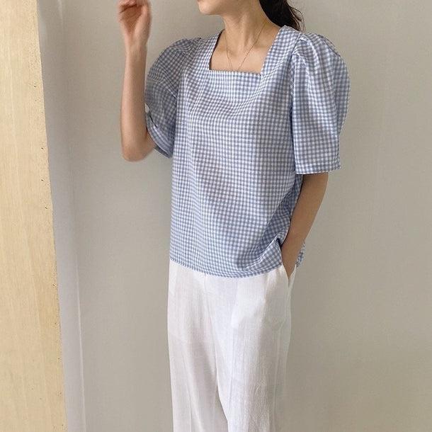 レトロチェックパターンパフスリブラウス 5192-画像3-韓国ファッション通販POPREA［ポップリア］