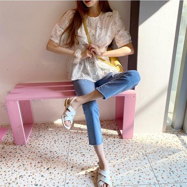 フラワー刺繍パフスリーブブラウス 5203-画像4-韓国ファッション通販POPREA［ポップリア］