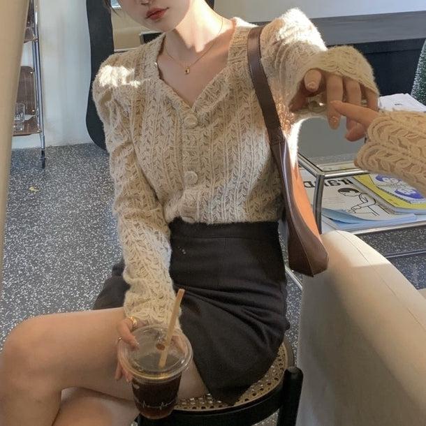 リーフパターンパフスリーブシアーカーディガン 5058-画像4-韓国ファッション通販POPREA［ポップリア］