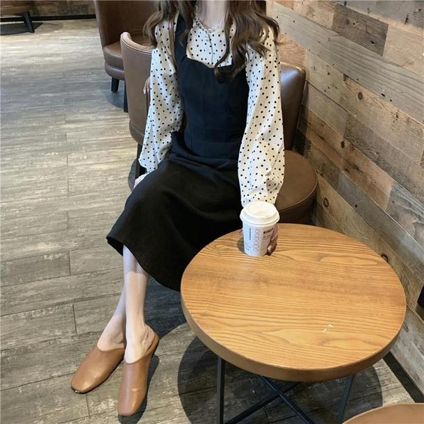 ドットブラウス＆クロスバックストラップスカート 4719-画像4-韓国ファッション通販POPREA［ポップリア］