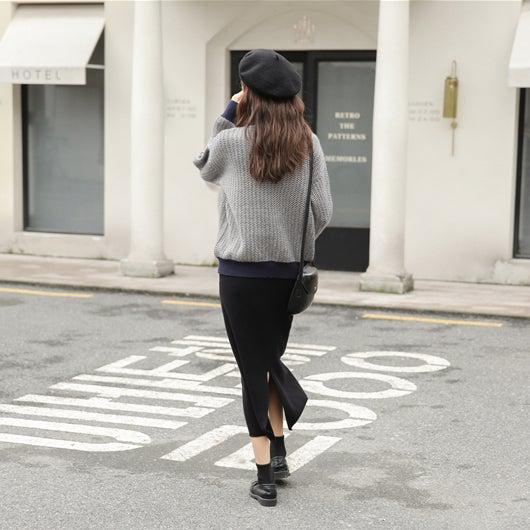 ヘリンボーン柄ハイネックレイヤードニット 4957-画像4-韓国ファッション通販POPREA［ポップリア］