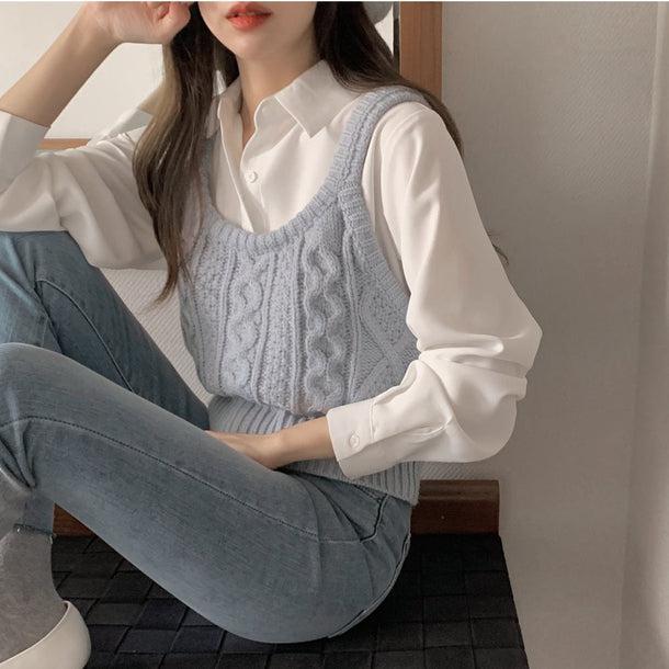 ワイシャツ＆ツイスト編みブルーベスト 5134-画像4-韓国ファッション通販POPREA［ポップリア］