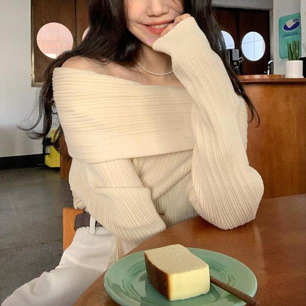 ベーシックオフショルダーリブニット 4788-画像4-韓国ファッション通販POPREA［ポップリア］