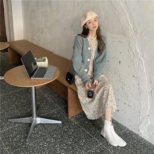 レトロフラワーワンピ＆ビッグボタンカーディガン 5063-画像4-韓国ファッション通販POPREA［ポップリア］