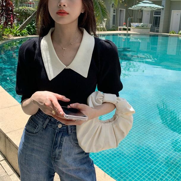 パフスリーブポロリブトップス﻿ 5138-画像4-韓国ファッション通販POPREA［ポップリア］