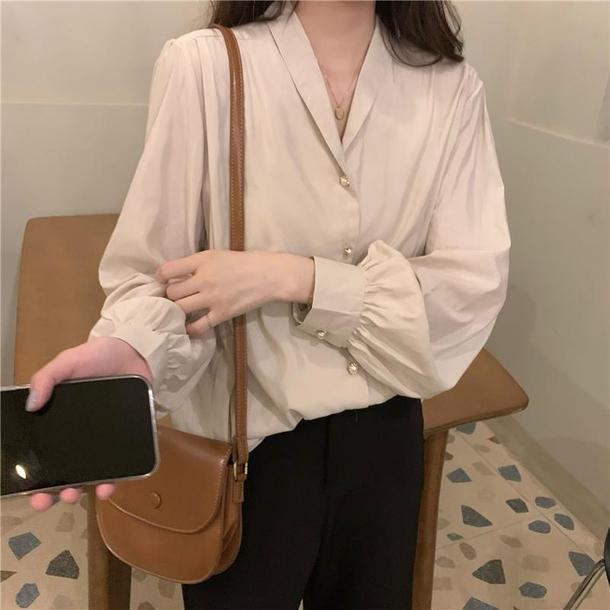 Vネックパールボタンブラウス 4689-画像4-韓国ファッション通販POPREA［ポップリア］