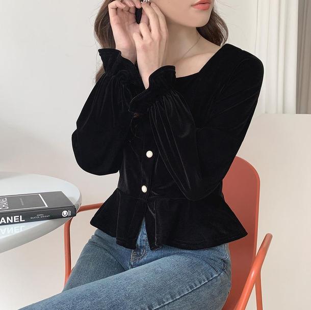 レトロベルベットブラックトップス 4718-画像4-韓国ファッション通販POPREA［ポップリア］