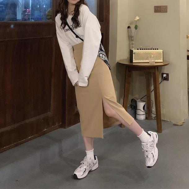 スリットベージュスカート 4691-画像4-韓国ファッション通販POPREA［ポップリア］