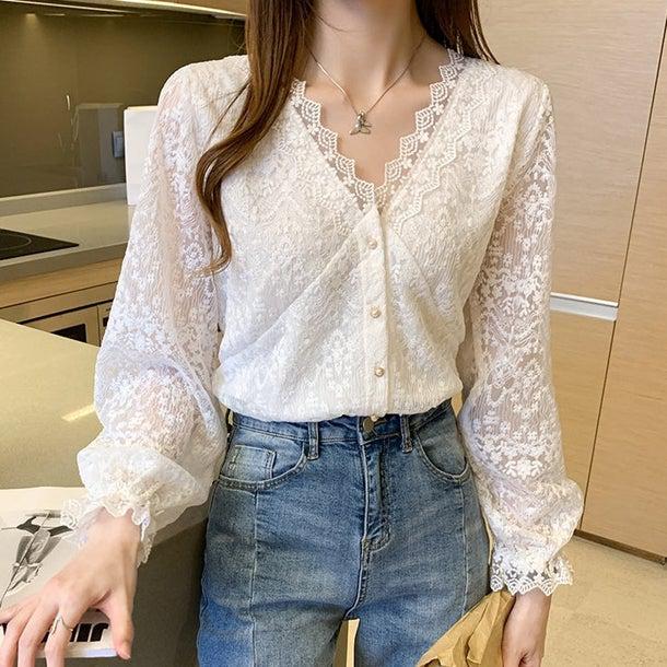 フラワーレースVネックブラウス 4964-画像4-韓国ファッション通販POPREA［ポップリア］