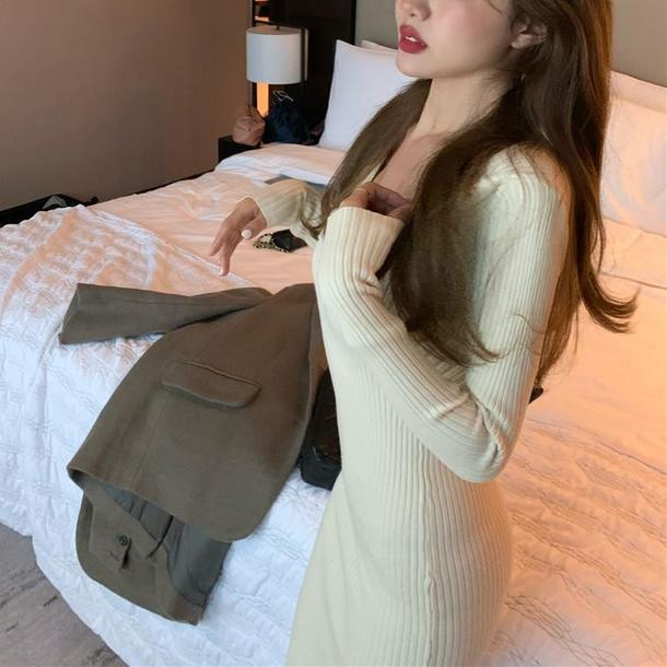 レイヤードネックリブニットワンピース 4847-画像4-韓国ファッション通販POPREA［ポップリア］