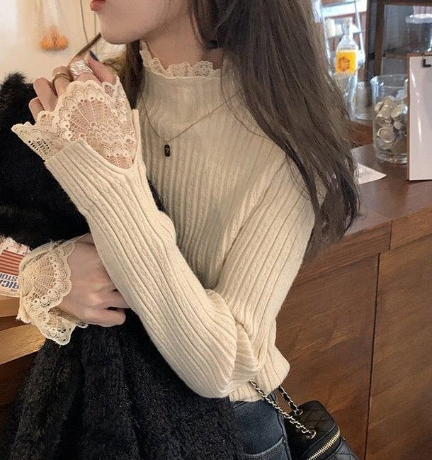 レースハイネック袖リブニット 4970-画像4-韓国ファッション通販POPREA［ポップリア］