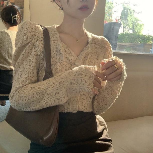 リーフパターンパフスリーブシアーカーディガン 5058-画像5-韓国ファッション通販POPREA［ポップリア］