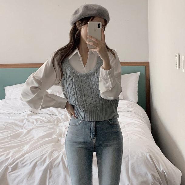 ワイシャツ＆ツイスト編みブルーベスト 5134-画像5-韓国ファッション通販POPREA［ポップリア］