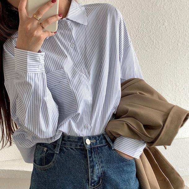 シンプルブルーストライプシャツ 5131-画像5-韓国ファッション通販POPREA［ポップリア］