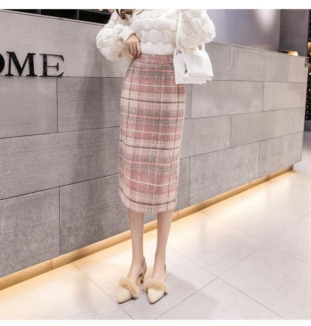 チェック柄ミモレ丈タイトスカート 5018-画像5-韓国ファッション通販POPREA［ポップリア］