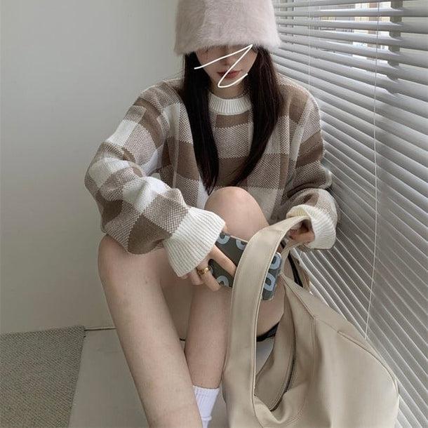 ボックスチェッククロップドニット 5042-画像5-韓国ファッション通販POPREA［ポップリア］