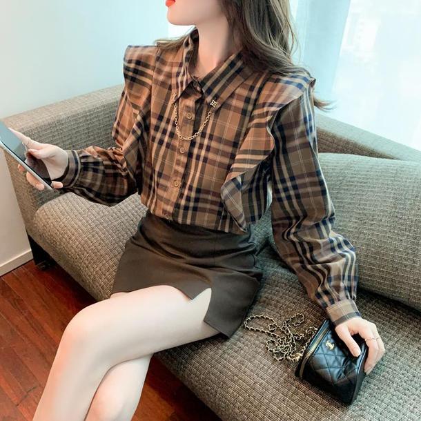 チェック柄フリルシャツブラウス 4826-画像5-韓国ファッション通販POPREA［ポップリア］