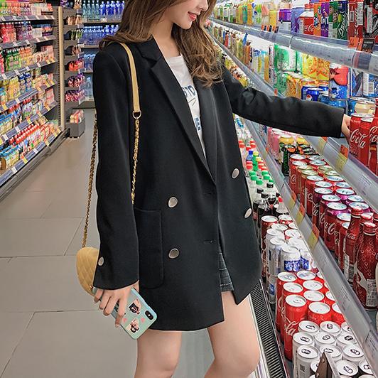 チェック袖ブラックロングジャケット 4729-画像5-韓国ファッション通販POPREA［ポップリア］