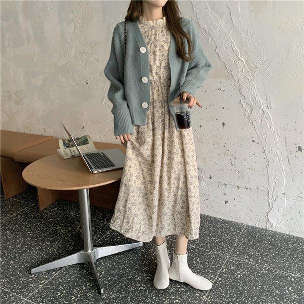レトロフラワーワンピ＆ビッグボタンカーディガン 5063-画像5-韓国ファッション通販POPREA［ポップリア］