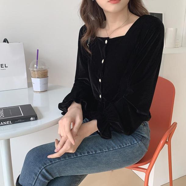 レトロベルベットブラックトップス 4718-画像5-韓国ファッション通販POPREA［ポップリア］