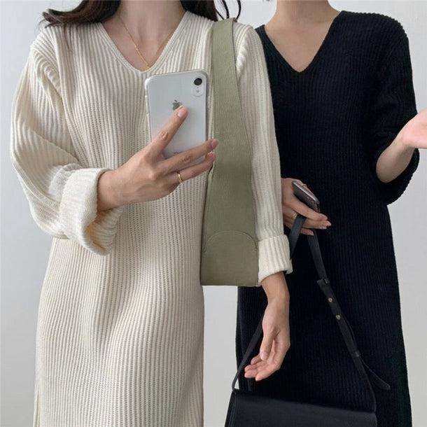 Vネックリブロングニットワンピ 5021-画像5-韓国ファッション通販POPREA［ポップリア］