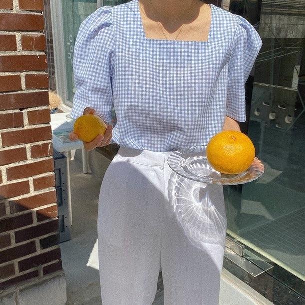 レトロチェックパターンパフスリブラウス 5192-画像5-韓国ファッション通販POPREA［ポップリア］