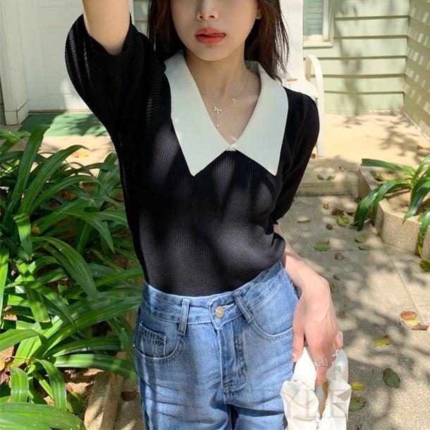 パフスリーブポロリブトップス﻿ 5138-画像5-韓国ファッション通販POPREA［ポップリア］