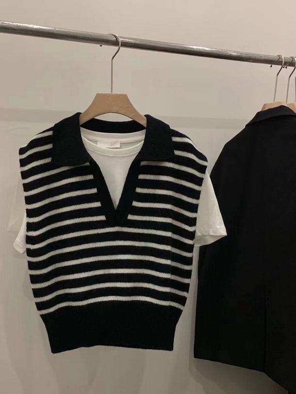 POLOボーダーニットベスト 4712-画像5-韓国ファッション通販POPREA［ポップリア］