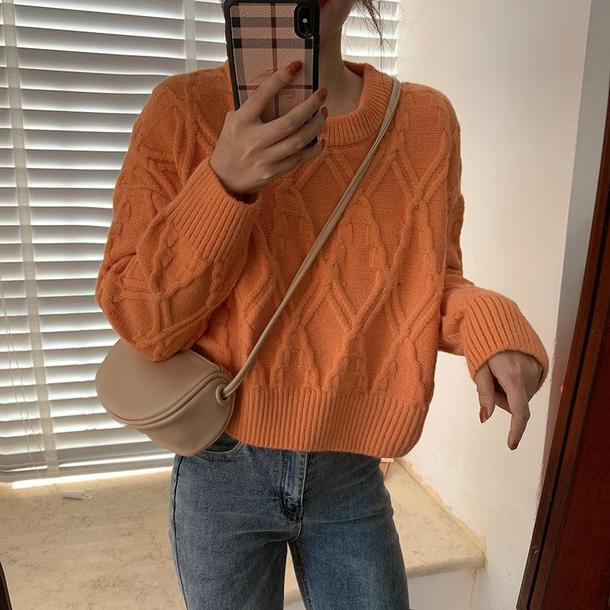 ラウンドネックダイヤ柄ショートニット 4849-画像5-韓国ファッション通販POPREA［ポップリア］