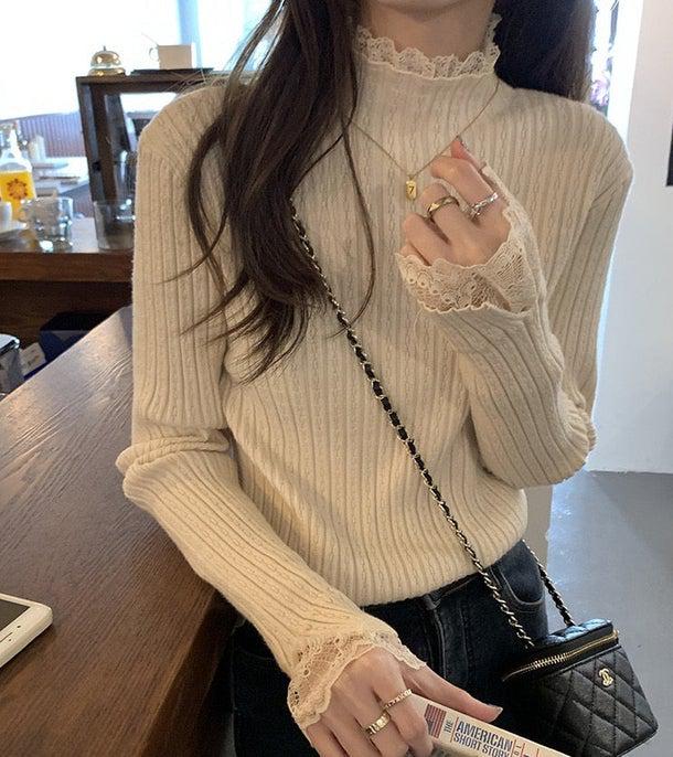 レースハイネック袖リブニット 4970-画像5-韓国ファッション通販POPREA［ポップリア］