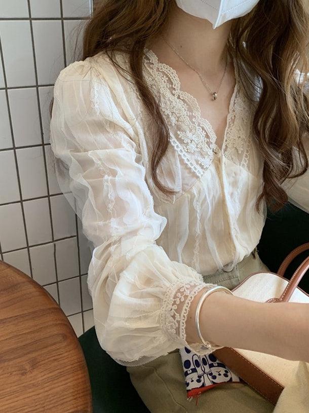 Vネックシフォンレースブラウス﻿ 5146-画像6-韓国ファッション通販POPREA［ポップリア］