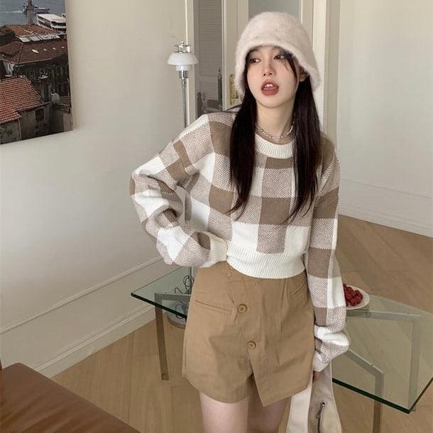 ボックスチェッククロップドニット 5042-画像6-韓国ファッション通販POPREA［ポップリア］