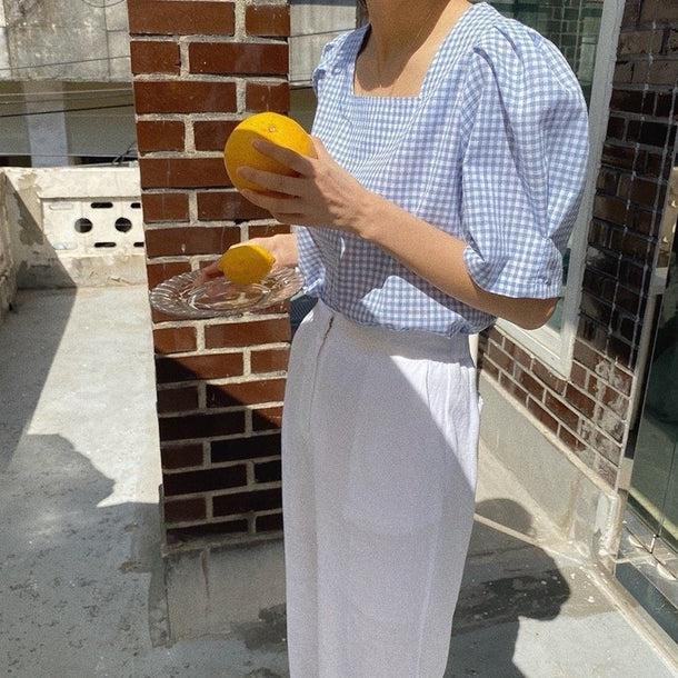 レトロチェックパターンパフスリブラウス 5192-画像6-韓国ファッション通販POPREA［ポップリア］