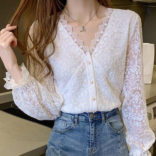 フラワーレースVネックブラウス 4964-画像6-韓国ファッション通販POPREA［ポップリア］