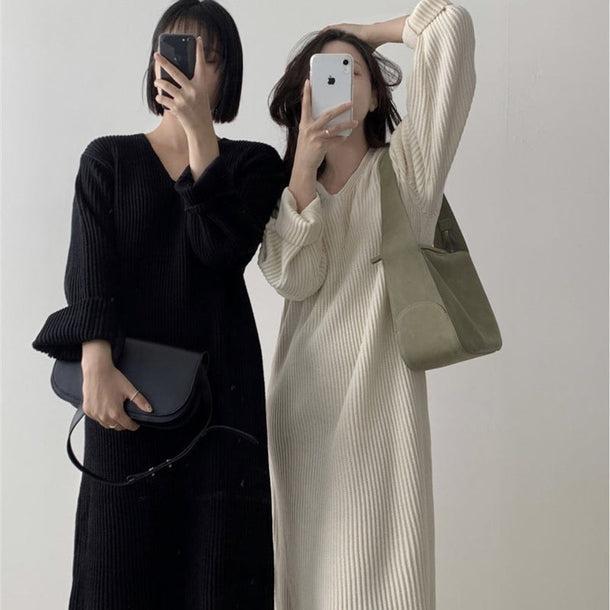 Vネックリブロングニットワンピ 5021-画像6-韓国ファッション通販POPREA［ポップリア］