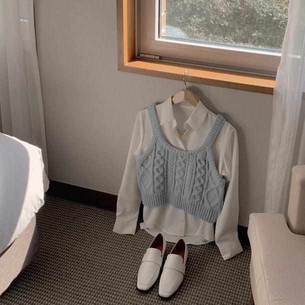 ワイシャツ＆ツイスト編みブルーベスト 5134-画像6-韓国ファッション通販POPREA［ポップリア］