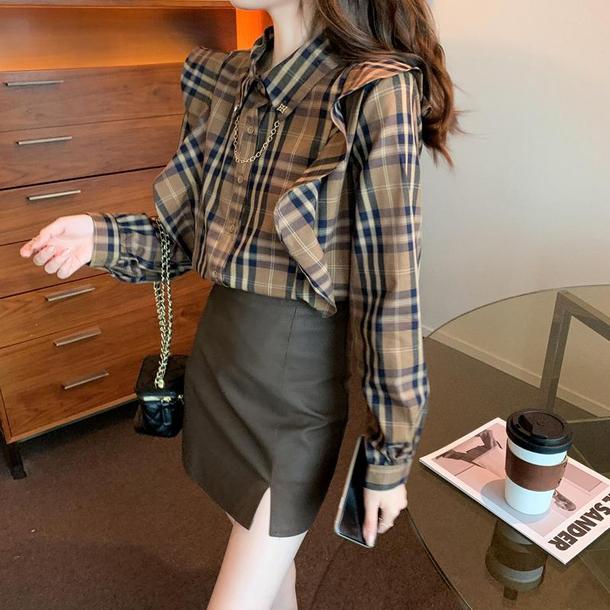 チェック柄フリルシャツブラウス 4826-画像6-韓国ファッション通販POPREA［ポップリア］