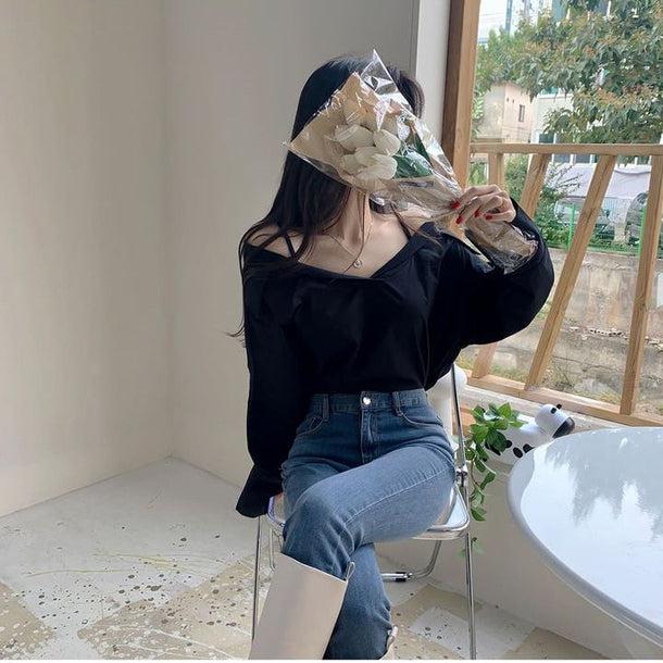 オフショルダーシンプルシャツブラウス 5133-画像6-韓国ファッション通販POPREA［ポップリア］