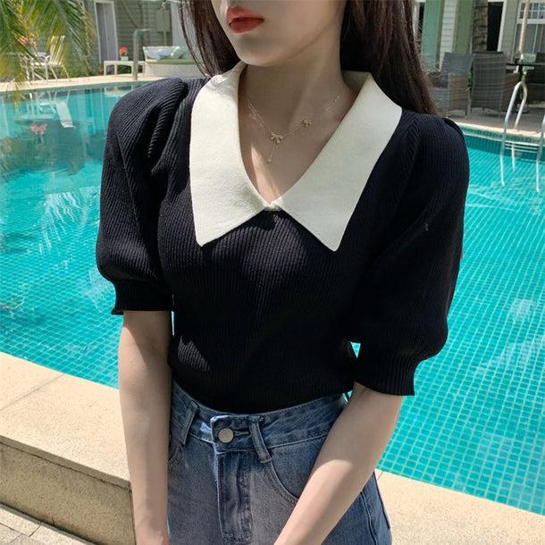 パフスリーブポロリブトップス﻿ 5138-画像6-韓国ファッション通販POPREA［ポップリア］