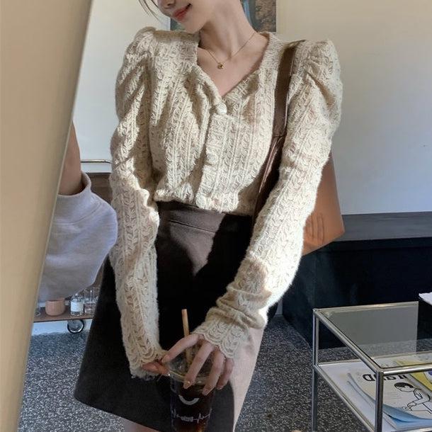 リーフパターンパフスリーブシアーカーディガン 5058-画像6-韓国ファッション通販POPREA［ポップリア］