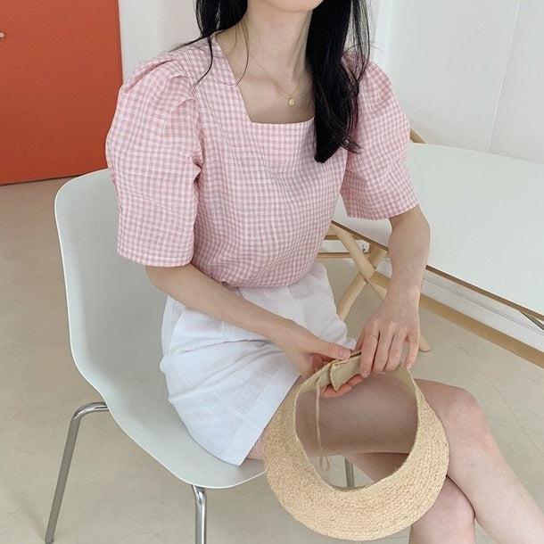 レトロチェックパターンパフスリブラウス 5192-画像7-韓国ファッション通販POPREA［ポップリア］