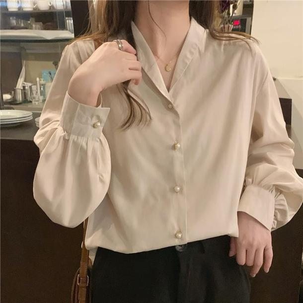 Vネックパールボタンブラウス 4689-画像7-韓国ファッション通販POPREA［ポップリア］