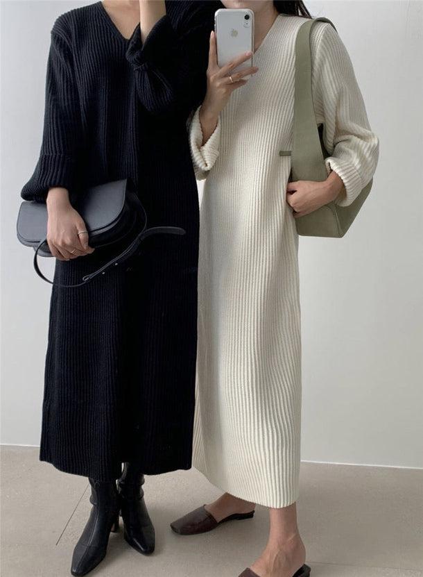 Vネックリブロングニットワンピ 5021-画像7-韓国ファッション通販POPREA［ポップリア］