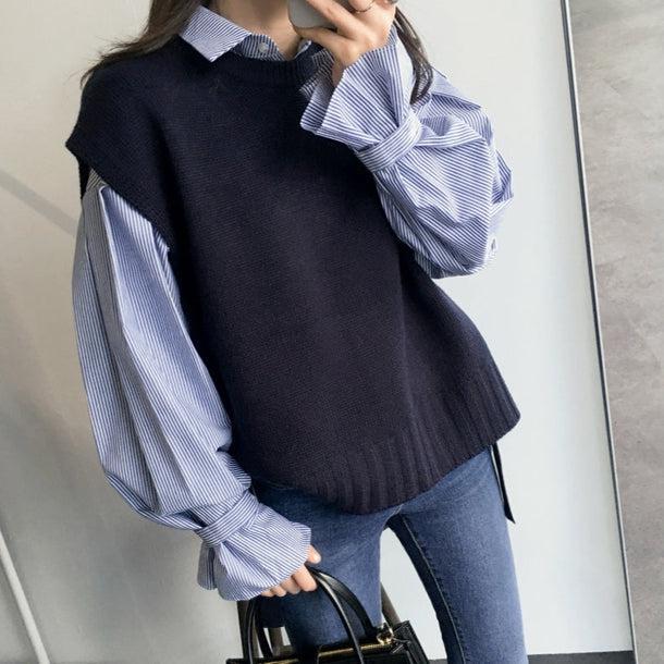 キャンディスリーブストライプシャツ＆ベスト 5045-画像7-韓国ファッション通販POPREA［ポップリア］