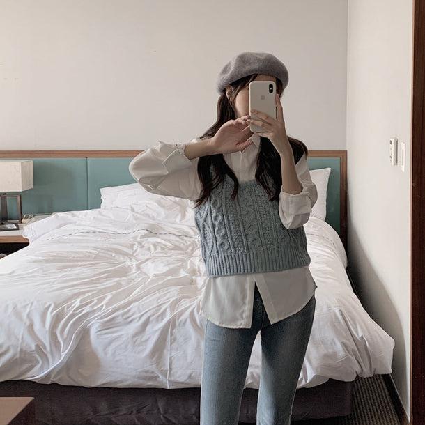 ワイシャツ＆ツイスト編みブルーベスト 5134-画像7-韓国ファッション通販POPREA［ポップリア］