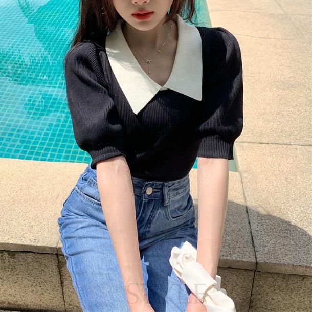 パフスリーブポロリブトップス﻿ 5138-画像7-韓国ファッション通販POPREA［ポップリア］