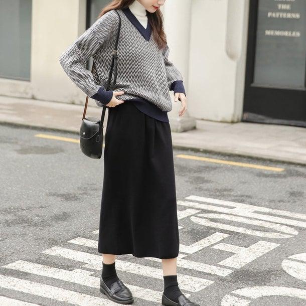 ヘリンボーン柄ハイネックレイヤードニット 4957-画像7-韓国ファッション通販POPREA［ポップリア］